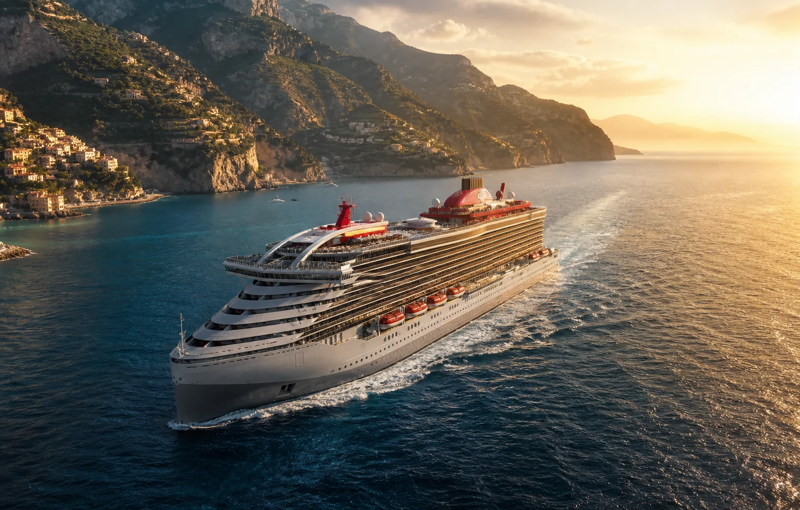Virgin cruise ship sailing along the Amalfi Coast