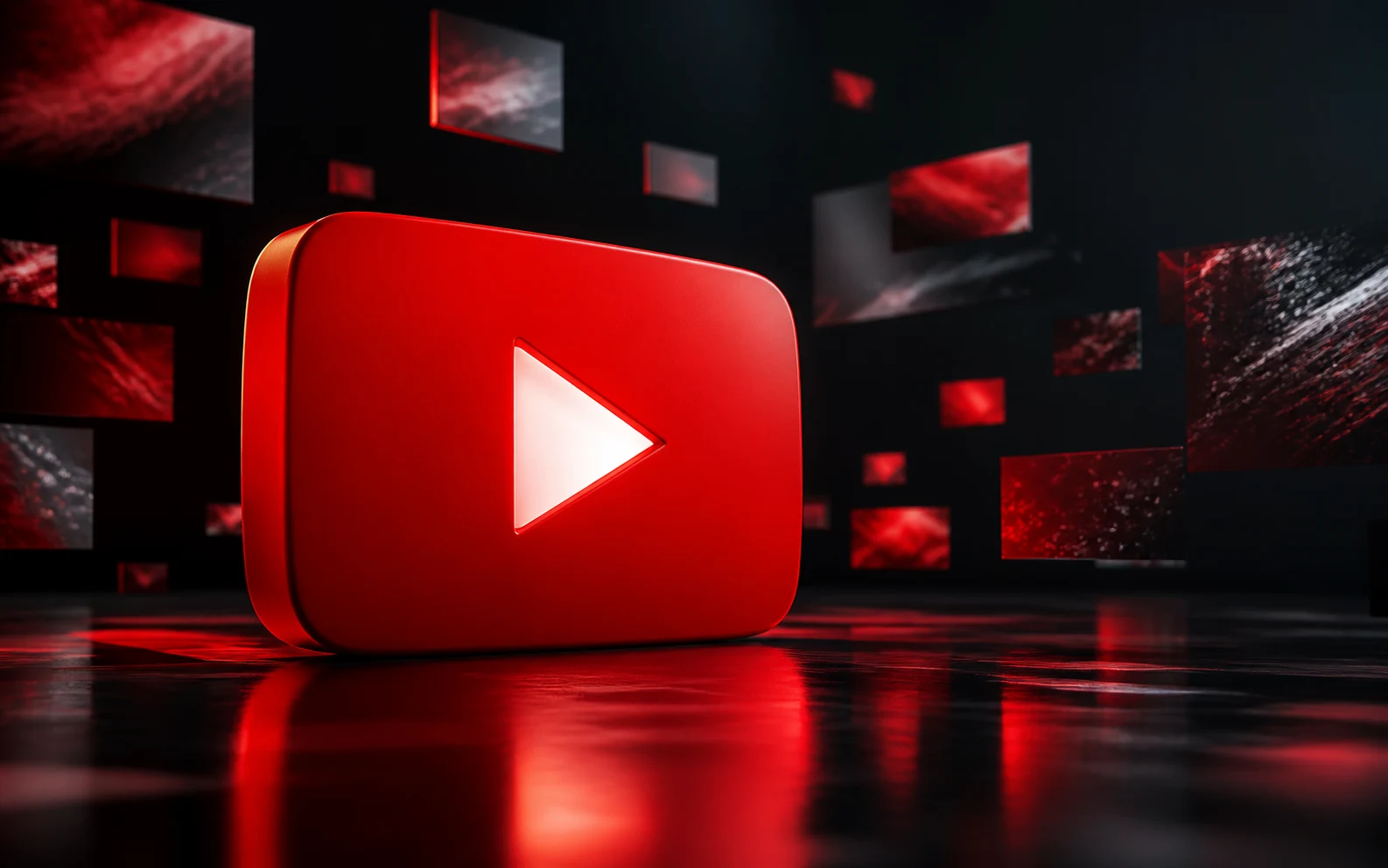 Art-directed YouTube play symbol in a cinematic moving-image environment